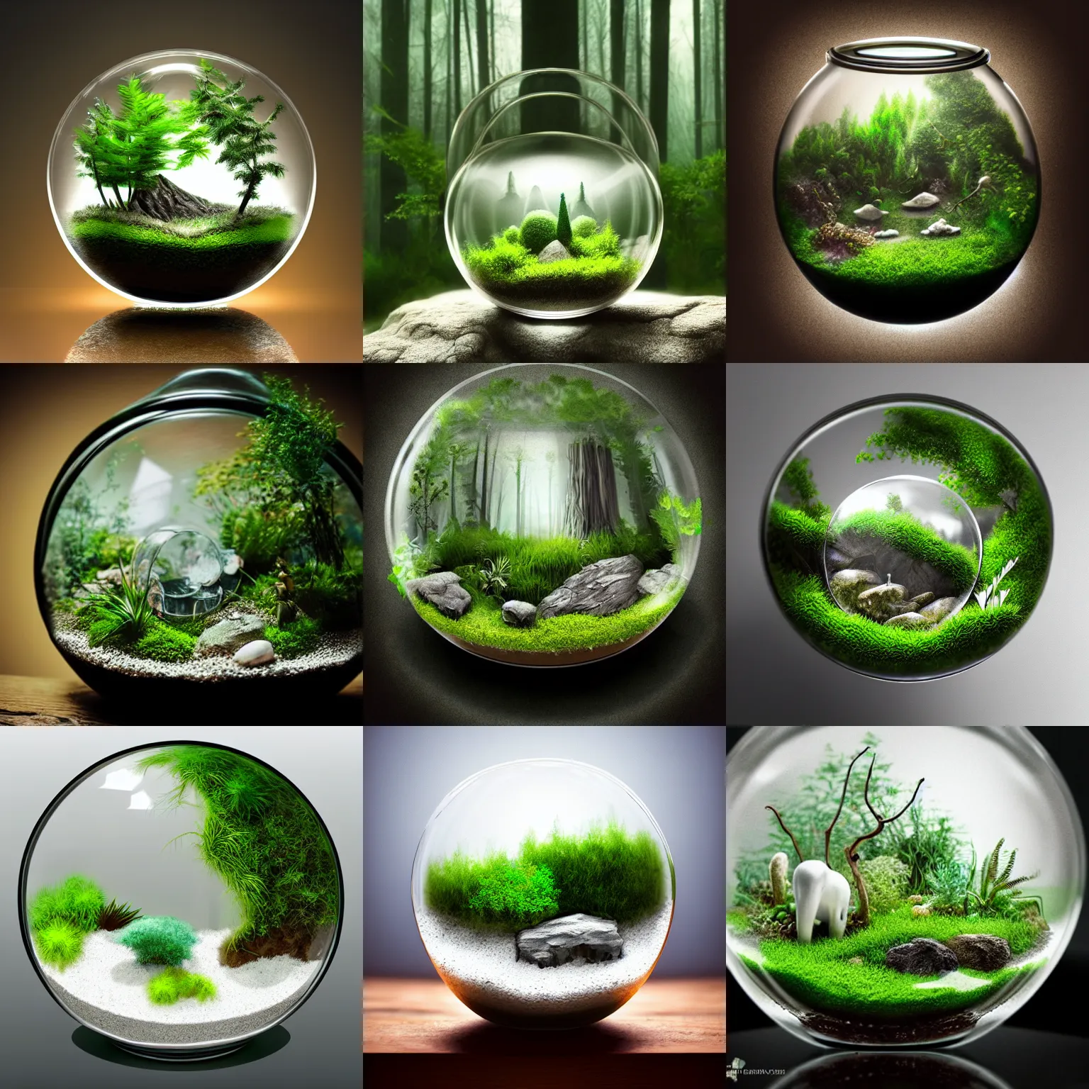 Prompt: fantasy terrarium in a glass bowl, serene, ethereal, miniature forest, display, white background, photorealistic, close up, digital painting, godrays, trending on artstation