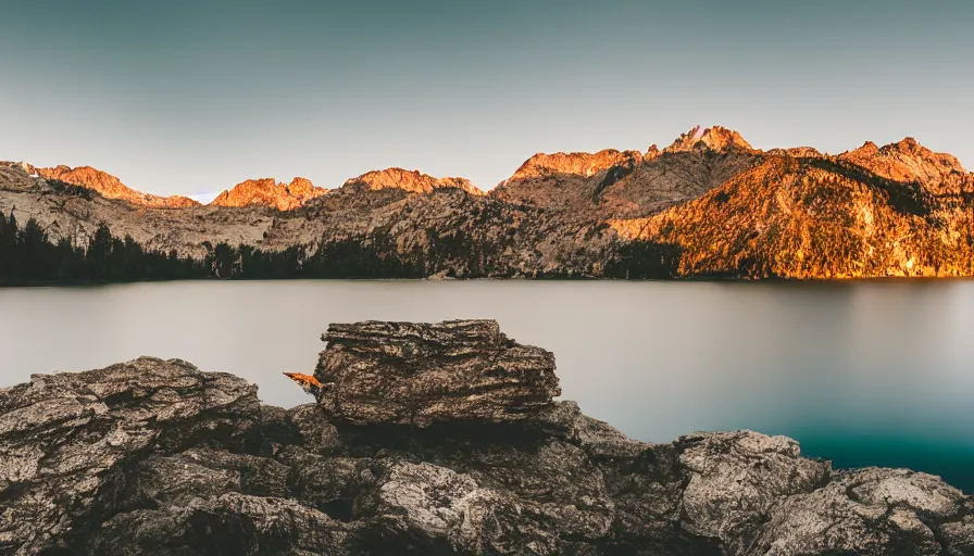 Image similar to cinematic wide shot of a lake with a rocky foreground, sunset, a bundle of rope is in the center of the lake, leica, 2 4 mm lens, 3 5 mm kodak film, f / 2 2, anamorphic