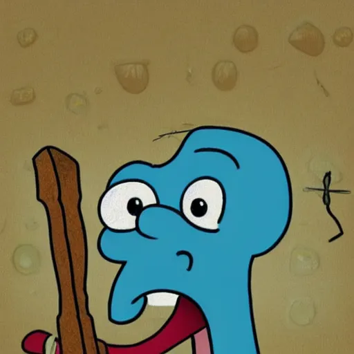 Image similar to squidward from spongebob squarepants with hair, holding a hammer