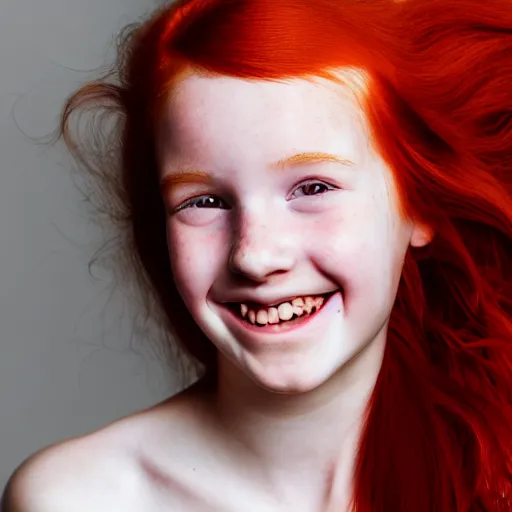 Image similar to artistic photo of a young beautiful girl with red hair looking at the camera, smiling slightly, studio lighting, award winning photo by Annie Liebowitz