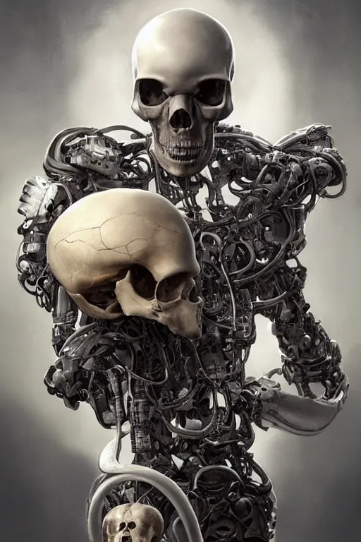 Image similar to Ultra realistic illustration of a robot sitting holding a human skull!!!!!!!, cyberpunk, sci-fi, fantasy, intricate, elegant, highly detailed, digital painting, artstation, concept art, smooth, 8k octane render, extremely hyperdetailed, intricate complexity, sharp focus, illustration, art by artgerm and greg rutkowski and blizzard studios