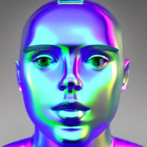 Image similar to 3d render of holographic human robotic head made of glossy iridescent, surrealistic 3d illustration of a human face non-binary, non binary model, 3d model human, cryengine, made of holographic texture, holographic material, holographic rainbow, concept of cyborg and artificial intelligence