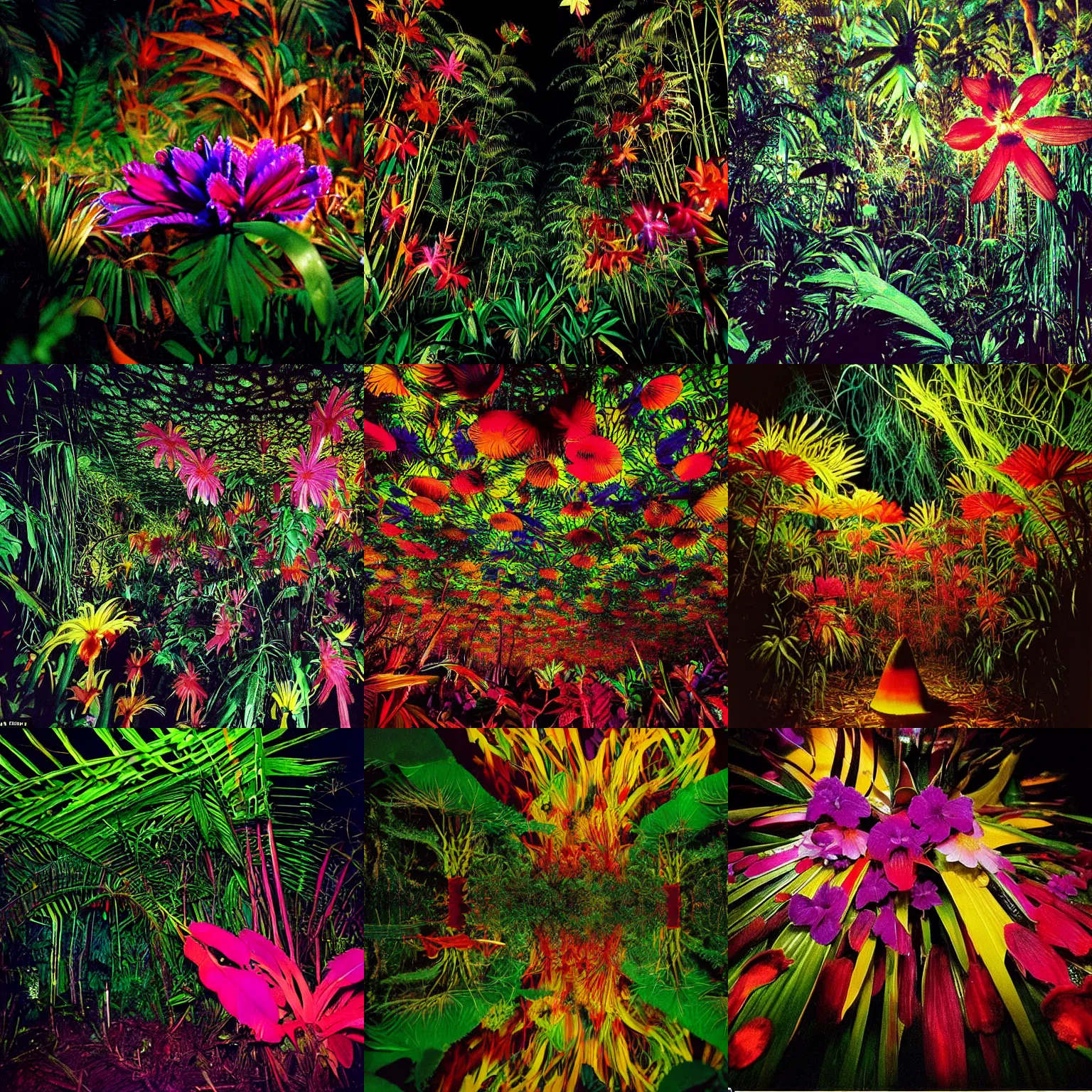 Prompt: shining colorful exotic flower in the dark night jungle, by trent parke, surreal, magnum photos