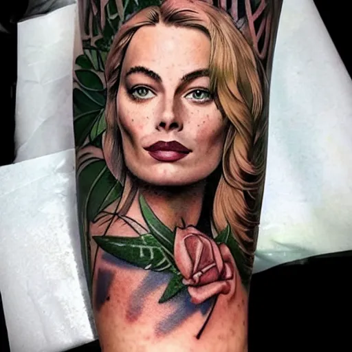 Prompt: realism tattoo design of margot robbie and nature mash up, in the style of arlo dicristina, amazing detail, face morph