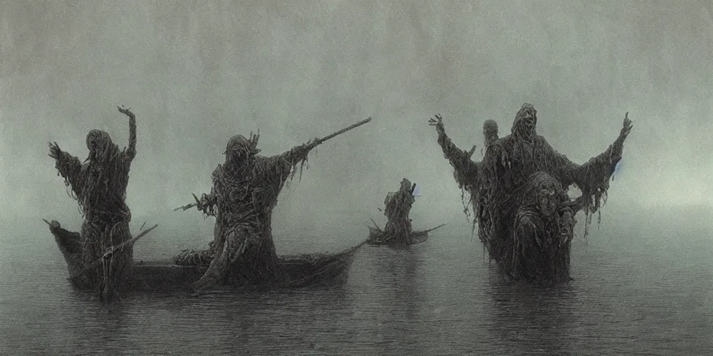 Image similar to ferrying deceased souls across the river and into the underworld by beksinski, wayne barlowe