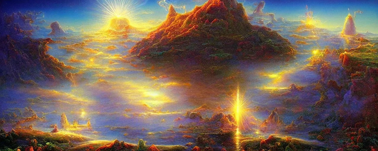 Prompt: a visionary art painting by gilbert williams of a sparkling floating island realm