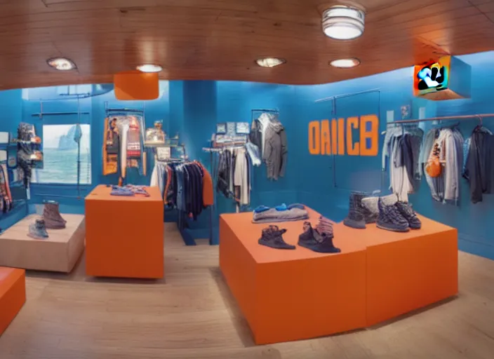 Prompt: New Balance Pop Up store, orange details, wood interior of staten ferry, nautical windows, cinematic lighting