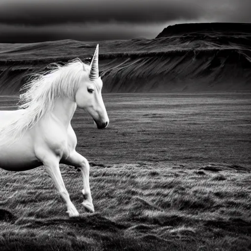 Prompt: An award winning photograph of a majestic unicorn in Iceland. High resolution, dramatic backdrop