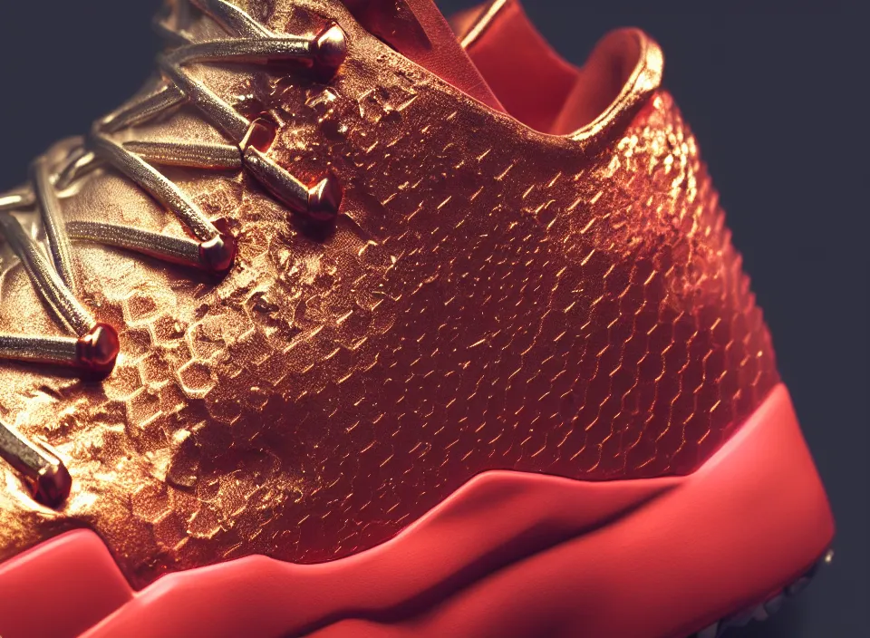 Prompt: realistic 3 d render of a futuristic sneaker, beautiful studio lighting, soft, sharp focus, neon cyberpunk highlights, intricate detail, gold and red metal, soft rubber, textured plastic, hexagons, filigree, octane render, side view, close up, trending on artstation, deviantart, nike, adidas, converse, reebok, salomon