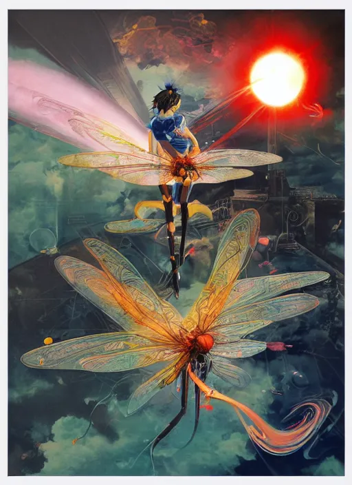 Prompt: surreal gouache painting, by yoshitaka amano, by ruan jia, by Conrad roset, by good smile company, detailed anime 3d render of a magical Dragonfly flying on a DJ Mixer and the sun exploding in the background, Vinyl deck, controller, portrait, cgsociety, artstation, rococo mechanical and Digital and electronic, dieselpunk atmosphere