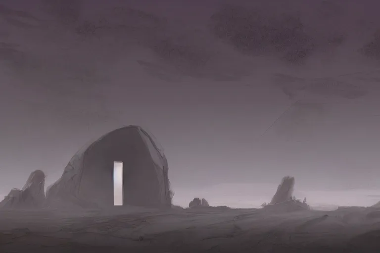 Image similar to a single distant glowing doorway opens up in an otherwise dark and desolate landscape : retrufuturistic, concept art