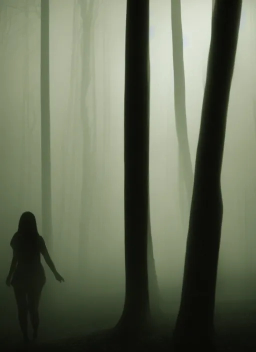 Image similar to a dark female silhouette, bright glowing translucent aura, fog, film grain