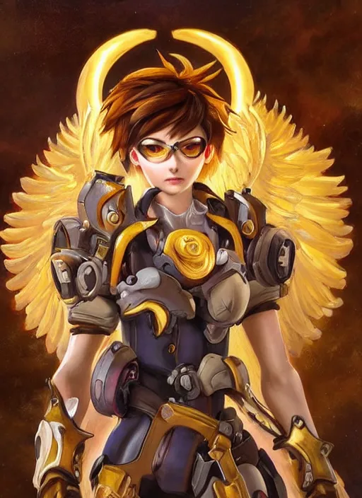 Prompt: full body oil painting of tracer overwatch in the style of sophie anderson, angel wings, angelic golden armor, dramatic painting, symmetrical composition, ornate, high detail, gold detailed collar!!!!!, blooming, lights, flowers, detailed face,