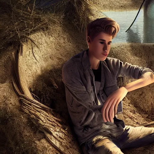 Image similar to hyperrealistic dslr film still of justin bieber constructing beaver dam, stunning 8 k octane comprehensive 3 d render, inspired by istvan sandorfi & greg rutkowski & unreal engine, perfect facial symmetry, dim volumetric cinematic lighting, extremely hyper - detailed, incredibly real lifelike attributes & flesh texture, intricate, masterpiece, artstation, stunning