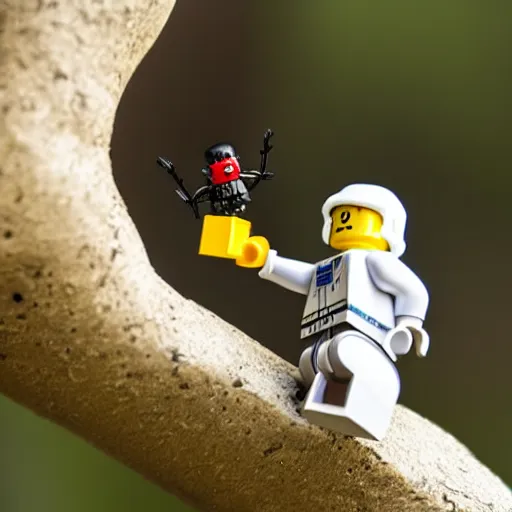 Image similar to lego astronaut with real live spider ( eos 5 ds r, iso 1 0 0, f / 8, 1 / 1 2 5, 8 4 mm, postprocessed, bokeh )