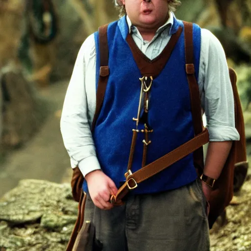 Image similar to frowning clean shaven pudgy British lad with short curly dark brown hair as a hobbit wearing a white men's crossbody sling chest bag and blue vest, blue vest!! white crossbody chestbag!! high resolution film still, movie by Peter Jackson