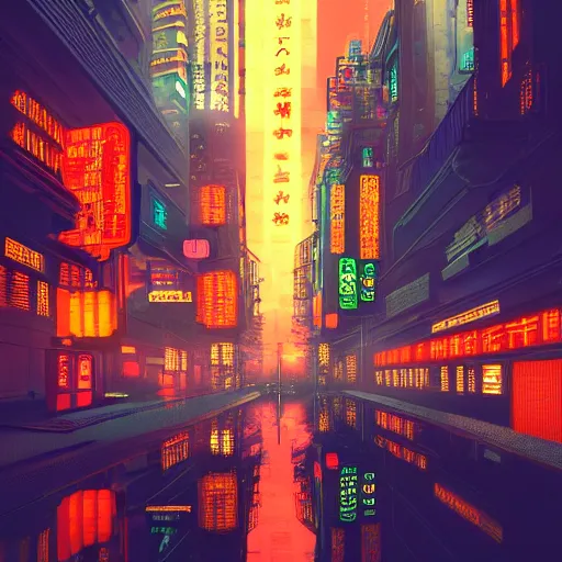 Prompt: futuristic chinatown view, shot of blade runner, skyscrapers pattern with pagodas, neon signs, cyberpunk, cinematic light, digital conceptual art, artstation, daniel liang