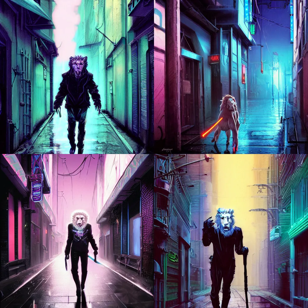 Prompt: !dream digital painting of a teenage Synthwave aesthetic albino lion in a dark rainy cyberpunk alleyway while holding a long dagger and wearing a dark cyan neon glowing black cloak reflecting on the wet pavement, by Stanley Artgerm Lau, frank frazetta, Rossdraws, James Jean, gerald brom, Andrei Riabovitchev, Marc Simonetti, and Sakimichan, trending on artstation, cinematic lighting, SFW version