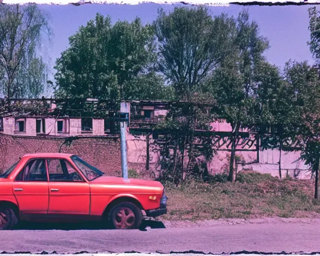 Image similar to a lomographic photo of old lada 2 1 0 7 standing in typical soviet yard in small town, hrushevka on background, cinestill, bokeh