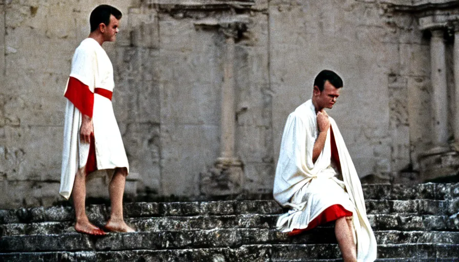 Image similar to 1 9 6 0 s movie still close - up of caligula in a white toga bleeding heavy on ancient stairs, cinestill 8 0 0 t 3 5 mm, high quality, heavy grain, high detail, dramatic light, anamorphic