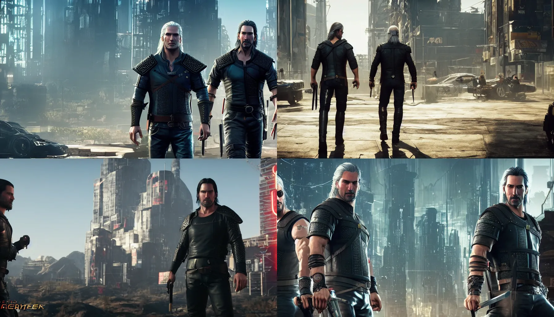 Prompt: henry cavill and keanu reeves as geralt of rivia, in the style of cyberpunk 2 0 7 7, futuristic, unreal engine 5, 8 k, sharp and detailed