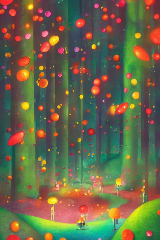 Prompt: a matte digital painting of a candy forest at night, bokeh, bright colours, watercolor, volumetric wool felting, children illustration, by goro fujita
