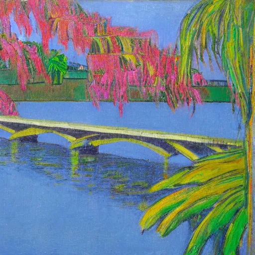 Prompt: a long river, tied bridge on local river, a lot of boat in river, 2 number house near a lot of palm trees and bougainvillea, summer, painting style of mondrian gray tree - 1 0 0 0