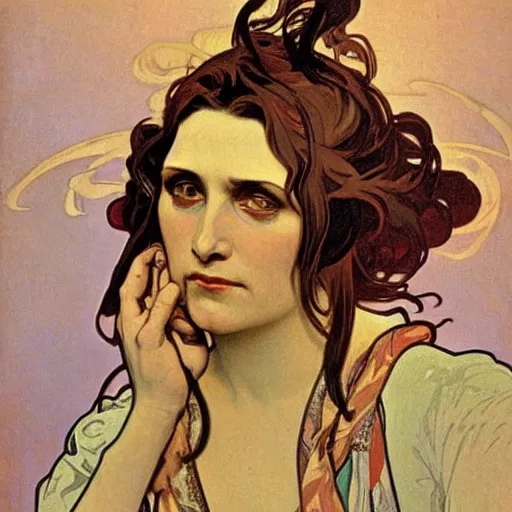 Image similar to pale woman, angry, painted by alphonse mucha