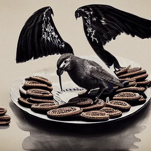 Prompt: a bird eating a plate full of oreos, realism, cinematic, hyper detailed masterpiece, ethereal, post apocalyptic - n 9