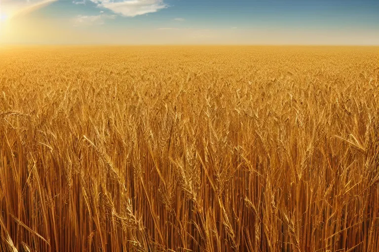 Image similar to photo with half a clear sky without clouds and half a yellow wheat field, hd, beautiful, perfect light, photorealism, highly detailed, symmetry