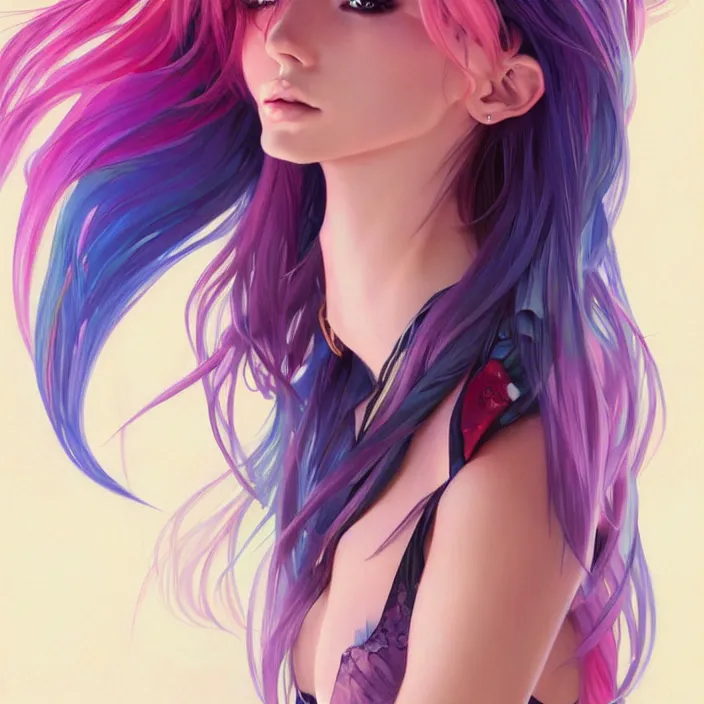 Image similar to full body portrait, a beautiful symmetrical gorgeous anime girl, rainbow hair, attractive, casual, modern, victoria's secret, highly detailed, digital painting, artstation, concept art, smooth, sharp focus, illustration, art by artgerm, greg rutkowski and alphonse mucha, 8 k,