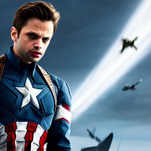 Prompt: sebastian stan as captain america, cinematic shot with sparkles and destroyed land, imax, high quality image, movie hollywood, commosition