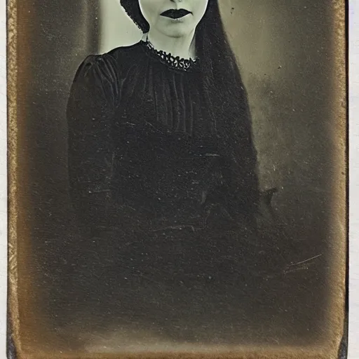 Prompt: daguerreotype ambrotype of the witch with terror aspect, memento mori, very detailed, morticia, black cat