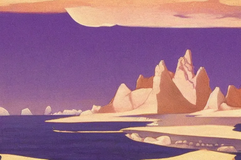 Image similar to an oriental palace made of immaculate white stones planted at the edge of a waterless ocean under a twilight light, blue sky without clouds, people angling at the edge, crystalline rock, pastel shades, style of nicholas roerich, mountains made of sharp crystal that emit light