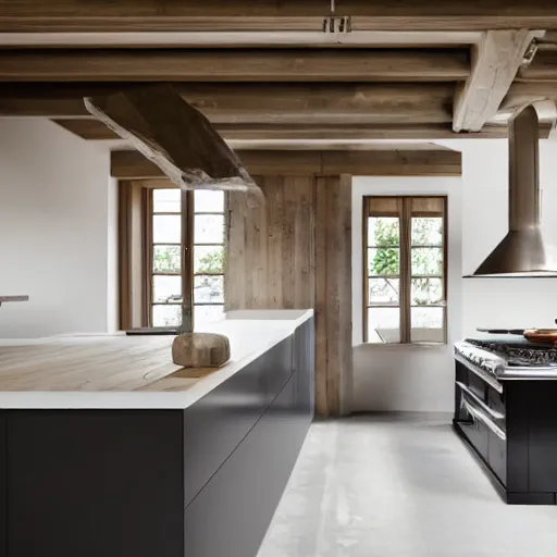 Image similar to luxury bespoke kitchen design, modern rustic, Japanese and Scandanvian influences, understated aesthetic, innovative materials and textrue, by Roundhouse Design and Charles Yorke and Davonport