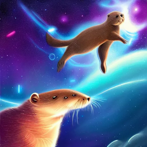 Prompt: a beautiful digital painting of an otter swimming through space, trending on art station, art by rhads, art by miyazaki