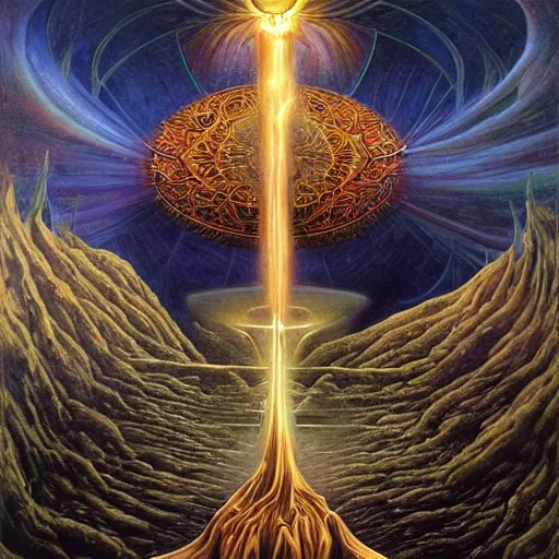 Image similar to The portal master tarot card by Tomasz Alen Kopera and Moebius and salvador dali, impressive perspective, masterpiece