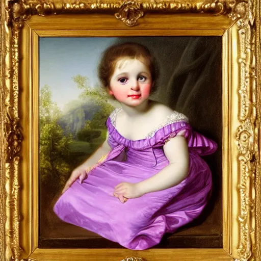 Image similar to portrait of a german toddler princess sitting down in a silk lavender gown, circa 1 8 3 7, by carl joseph begas, highly detailed, beautiful, oil on canvas, 1 8 3 0 s, romanticism