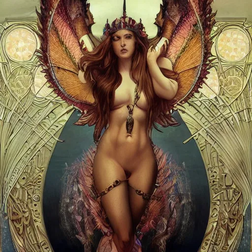 Image similar to 3/4 body portrait of the firedragon queen by artgerm and H R Giger and alphonse mucha, HD, full body dragon concept, flying dragon, Human body with dragon features, beautiful queen, perfect face, perfect body, 10/10 would dream again, fantasy, intricate, elegant, highly detailed, digital painting, artstation, concept art, smooth, sharp focus, illustration, ray tracing, 4k realistic 3d rendered portrait, soft shading, soft colors, relaxed colors, hyperdetailed, wide angle lens, fantasy, futuristic horror, armor style of giger