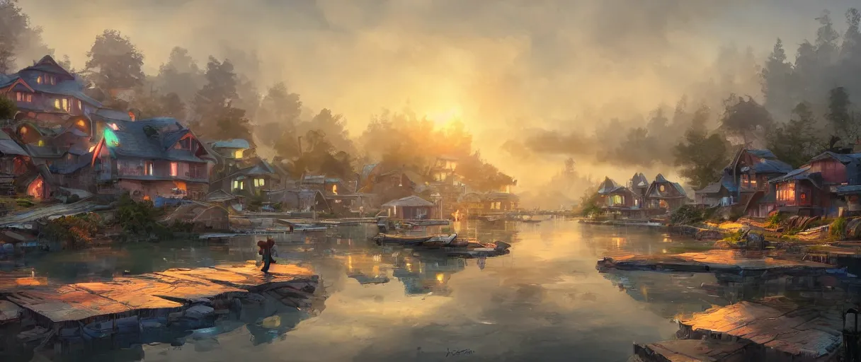 Image similar to fishing village crowded with houses around a lake, concept art, digital painting, style of jordan grimmer, warm lighting, futuristic, volumetric lighting, view from below, vivid colours, bright, daytime, godrays, high detail