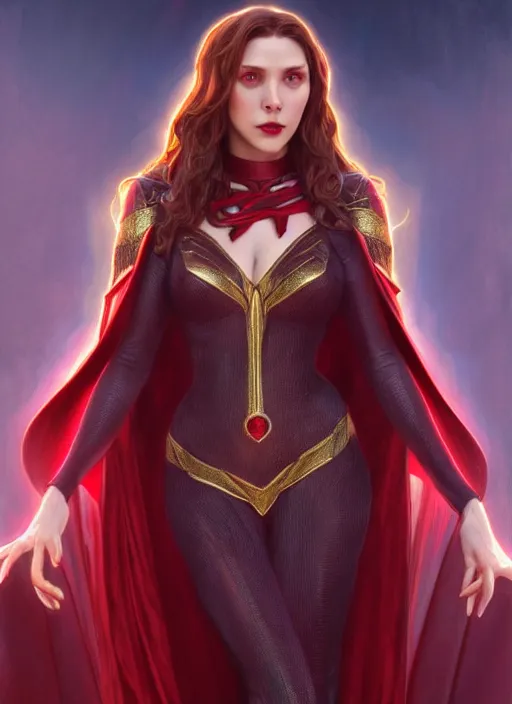 Image similar to Scarlet Witch as Lucifer morningstar, portrait, full body, hyper realistic, trending on artstation, art by ArtGerm and Alphonse Mucha and J. C. Leyendecker and Edmund Bliar Leighton and Charlie Bowater, unreal engine render, octane render