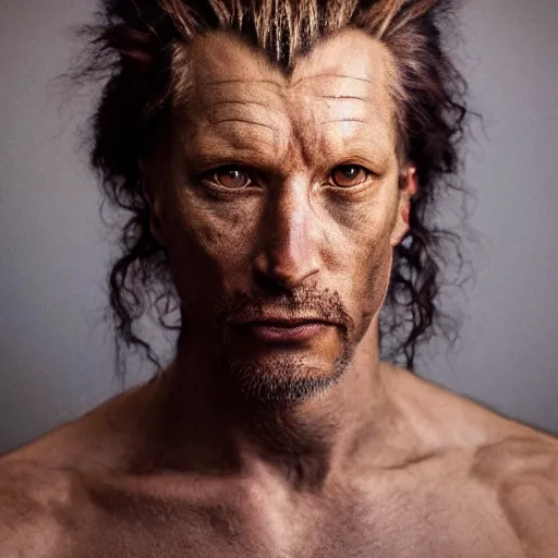 Prompt: portrait of lion - human hybrid, by annie leibovitz, portrait of a man, studio lighting, award - winning