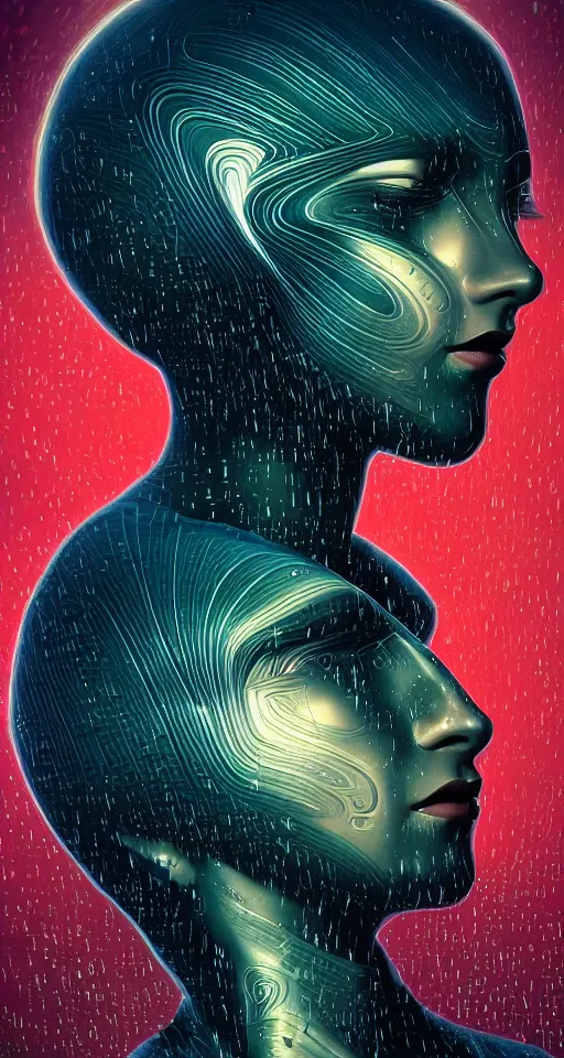 Image similar to art deco close up portait of head surrounded by spheres, rain like a dream digital painting curvalinear clothing cinematic dramatic fluid lines otherworldly vaporwave interesting details epic composition by artgerm