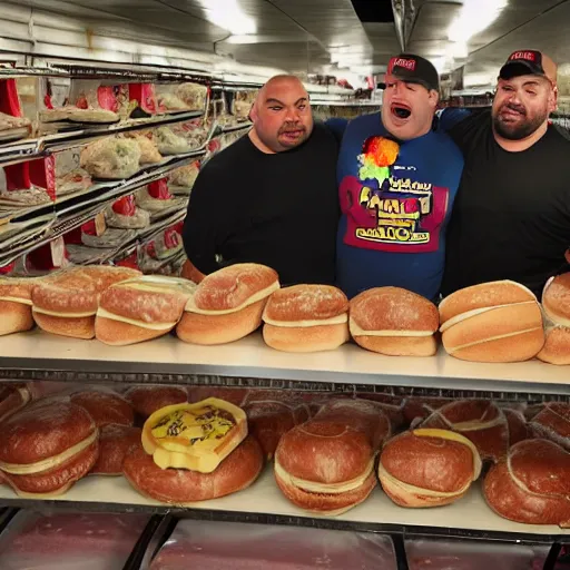 Image similar to promotional photo from the tv show storage hunters, a crowd gets excited seeing a storage room full of hamburgers, movie still, cinematic,