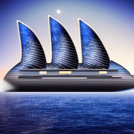 Prompt: https : / / s. mj. run / qkjiqc - l 0 eg giant luxury spaceship cruise - liner, shaped like a yacht, glass exterior, hull is a opera house, aerial view of opera house on spaceship, floating in outer space, galaxies and stars in background, well lit, 8 k, futuristic, high detail, vibrant colors, digital art