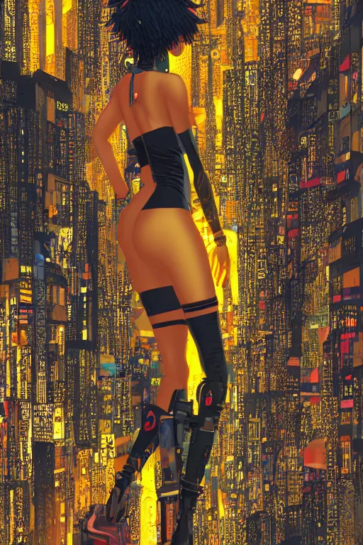 Image similar to a beautiful young black woman, cyberpunk, blade runner city background, anime, highly detailed, artstation, illustration, art by gustav klimt