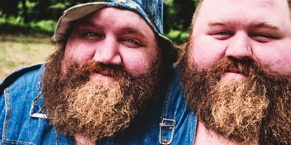 Image similar to obese redneck white male with long beard, wearing dirty overalls, dirty face, grin, portrait, close up, kodak gold 2 0 0, 5 0 mm