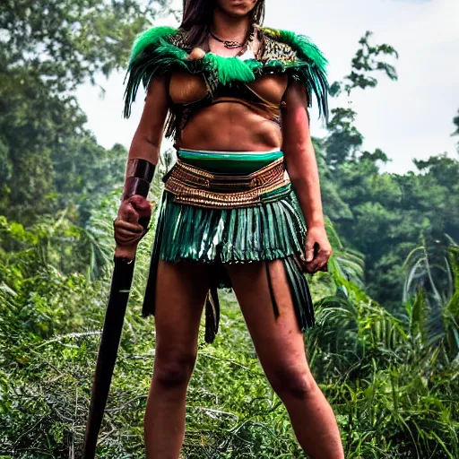 Image similar to long shot photo a Caucasian female amazon warrior with malachite armour