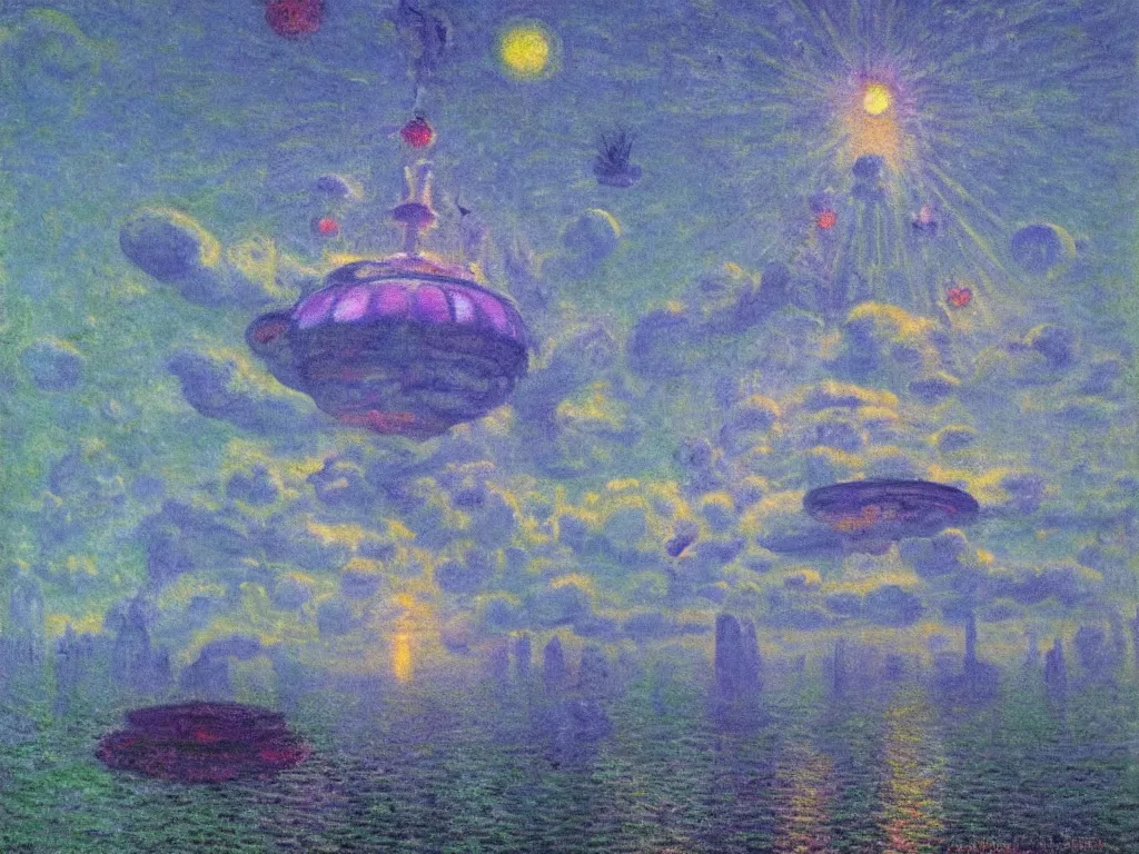 Prompt: study of the psychedelics dream bot mothership over the sublime iceberg city. painting by monet, bosch, wayne barlowe, agnes pelton, rene magritte