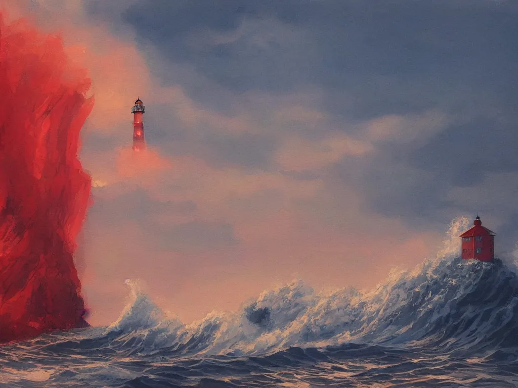 Image similar to a beautiful painting of waves crashing into red lighthouses, isometric, warwick goble, trending on artstation